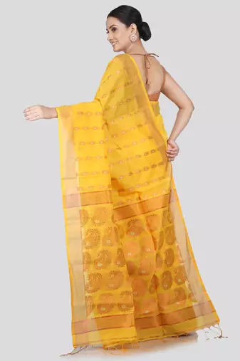 PinkLoom Women's  Yellow Hand_Woven Cotton-Silk-Sarees With Unstitched Blouse Piece