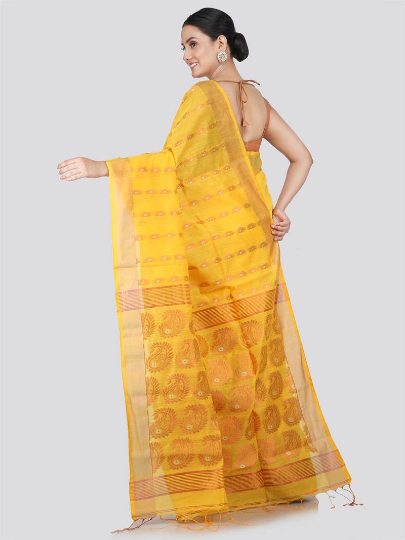 PinkLoom Women's  Yellow Hand_Woven Cotton-Silk-Sarees With Unstitched Blouse Piece