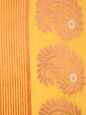 PinkLoom Women's  Yellow Hand_Woven Cotton-Silk-Sarees With Unstitched Blouse Piece 4