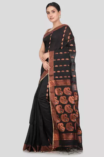 PinkLoom Women's  Black Hand_Woven Cotton-Silk-Sarees With Unstitched Blouse Piece