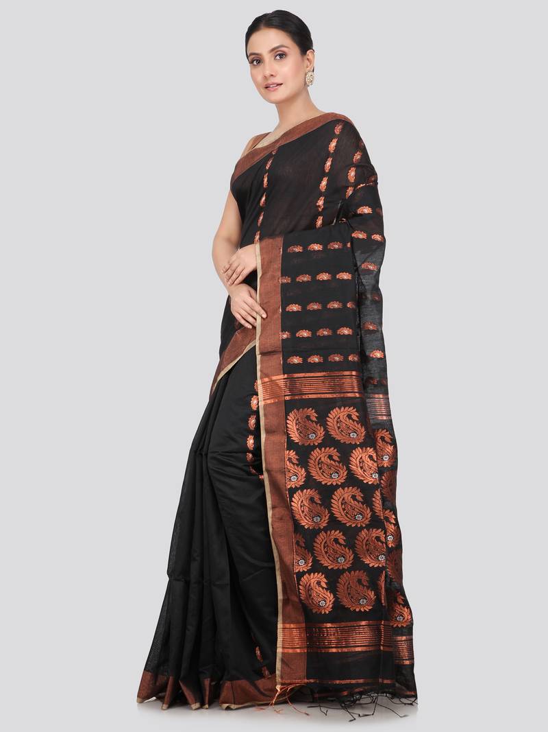 PinkLoom Women's  Black Hand_Woven Cotton-Silk-Sarees With Unstitched Blouse Piece