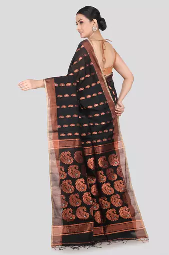 PinkLoom Women's  Black Hand_Woven Cotton-Silk-Sarees With Unstitched Blouse Piece
