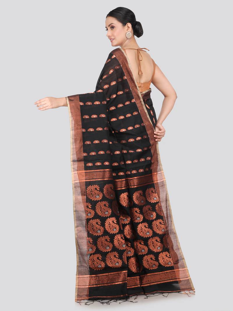 PinkLoom Women's  Black Hand_Woven Cotton-Silk-Sarees With Unstitched Blouse Piece