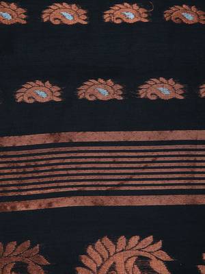 PinkLoom Women's  Black Hand_Woven Cotton-Silk-Sarees With Unstitched Blouse Piece 4