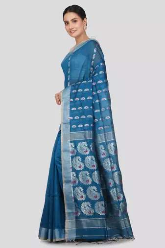 PinkLoom Women's  Blue Hand_Woven Cotton-Silk-Sarees With Unstitched Blouse Piece