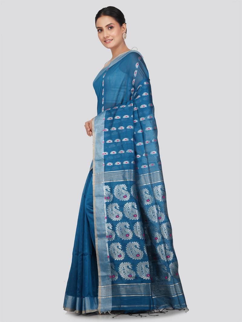 PinkLoom Women's  Blue Hand_Woven Cotton-Silk-Sarees With Unstitched Blouse Piece