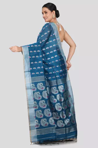 PinkLoom Women's  Blue Hand_Woven Cotton-Silk-Sarees With Unstitched Blouse Piece