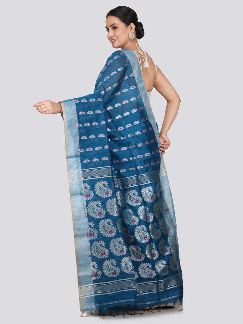 PinkLoom Women's  Blue Hand_Woven Cotton-Silk-Sarees With Unstitched Blouse Piece