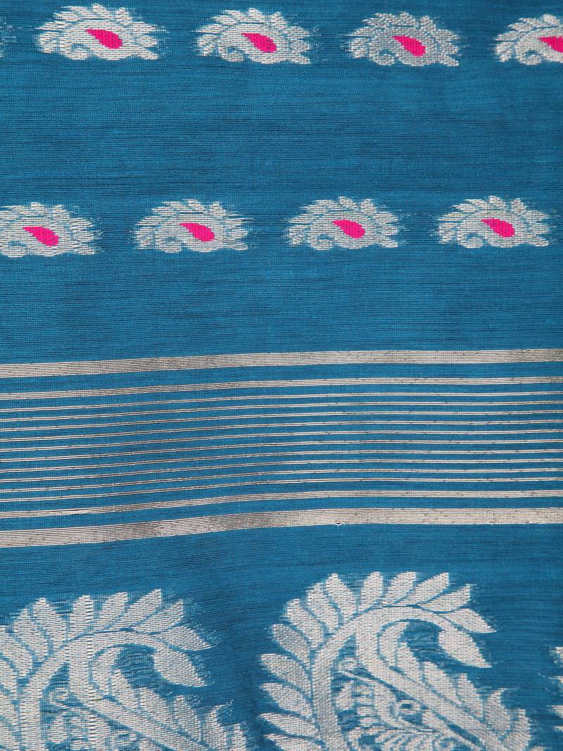 PinkLoom Women's  Blue Hand_Woven Cotton-Silk-Sarees With Unstitched Blouse Piece