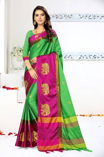 Serona fabrics women's cotton silk zari embroidery work saree with blouse