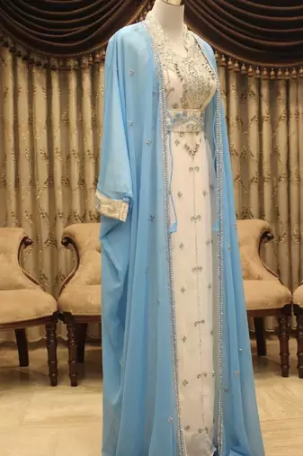 Grand Sky-Blue Kaftan Dress with Silver Stone Work | Party & Wedding Wear