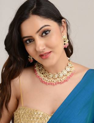 Laida 24k rose gold-plated kundan studded & beaded jewellery set 2
