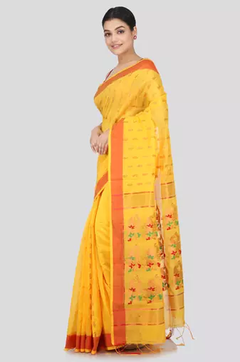 PinkLoom Women's  Yellow Hand_Woven Cotton-Silk-Sarees With Unstitched Blouse Piece