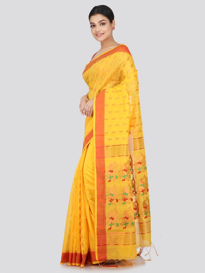 PinkLoom Women's  Yellow Hand_Woven Cotton-Silk-Sarees With Unstitched Blouse Piece