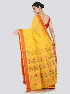 PinkLoom Women's  Yellow Hand_Woven Cotton-Silk-Sarees With Unstitched Blouse Piece 3