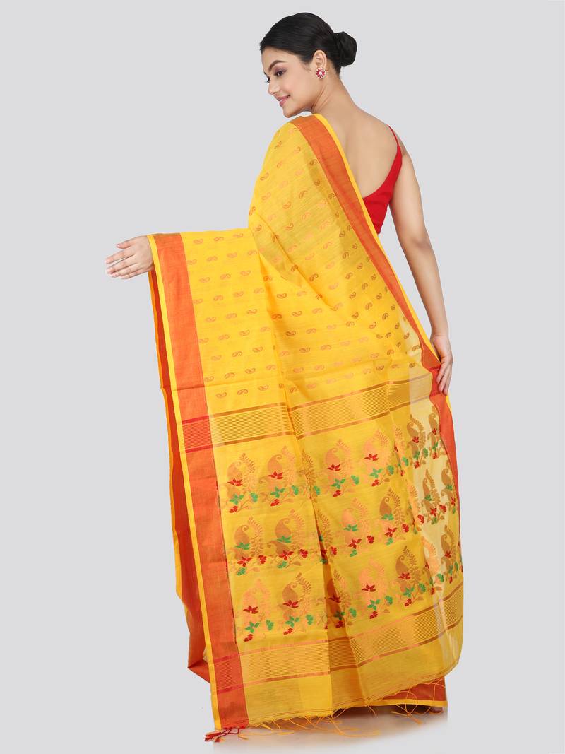 PinkLoom Women's  Yellow Hand_Woven Cotton-Silk-Sarees With Unstitched Blouse Piece