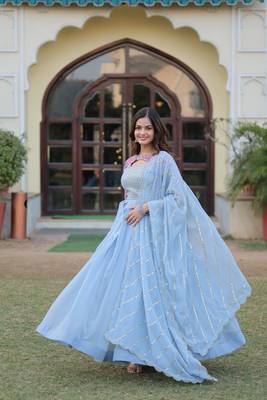 Voolka Turquoise Floral Print Gown with Embroidered Dupatta | Faux Georgette | Half Sleeves | Fancy Neckline 1