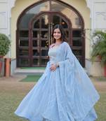 Voolka Turquoise Floral Print Gown with Embroidered Dupatta | Faux Georgette | Half Sleeves | Fancy Neckline