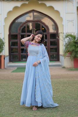 Voolka Turquoise Floral Print Gown with Embroidered Dupatta | Faux Georgette | Half Sleeves | Fancy Neckline 2
