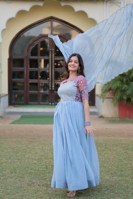 Voolka Turquoise Floral Print Gown with Embroidered Dupatta | Faux Georgette | Half Sleeves | Fancy Neckline 3