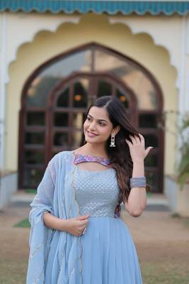 Voolka Turquoise Floral Print Gown with Embroidered Dupatta | Faux Georgette | Half Sleeves | Fancy Neckline 5