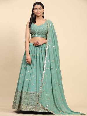 Green Embroidered work Faux Georgette Fabric wedding Lehenga Choli with Dupatta. 3