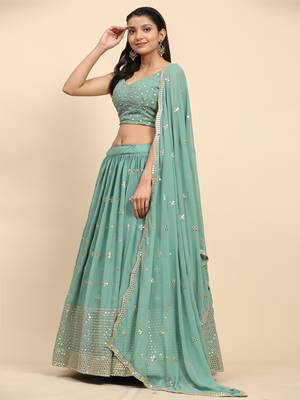 Green Embroidered work Faux Georgette Fabric wedding Lehenga Choli with Dupatta. 4
