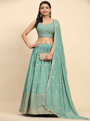 Green Embroidered work Faux Georgette Fabric wedding Lehenga Choli with Dupatta. 5