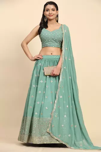 Green Embroidered work Faux Georgette Fabric wedding Lehenga Choli with Dupatta.