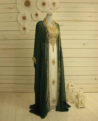Green & White Kaftan Handcrafted Georgette Work Party Wear Fully Stitched Dresses 1