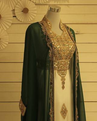 Green & White Kaftan Handcrafted Georgette Work Party Wear Fully Stitched Dresses 2