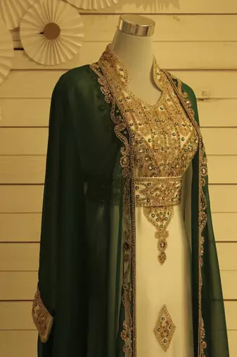 Green & White Kaftan Handcrafted Georgette Work Party Wear Fully Stitched Dresses