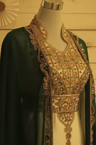 Green & White Kaftan Handcrafted Georgette Work Party Wear Fully Stitched Dresses