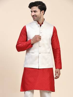 Cream jaquard printed polyester nehru jacket/ waist coat 1