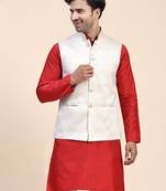 Cream jaquard printed polyester nehru jacket/ waist coat