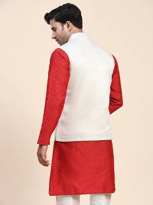 Cream jaquard printed polyester nehru jacket/ waist coat 2
