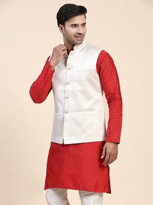 Cream jaquard printed polyester nehru jacket/ waist coat 3