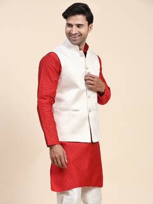 Cream jaquard printed polyester nehru jacket/ waist coat 4