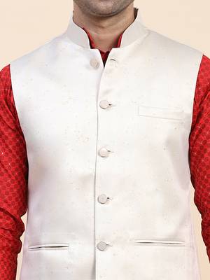 Cream jaquard printed polyester nehru jacket/ waist coat 5