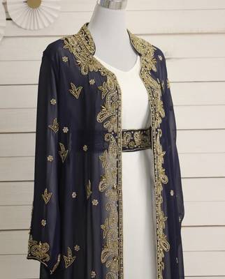Navy-Blue & White Kaftan Handcrafted Georgette Work Party Wear Fully Stitched Dresses 2