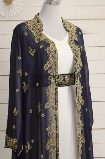 Navy-Blue & White Kaftan Handcrafted Georgette Work Party Wear Fully Stitched Dresses