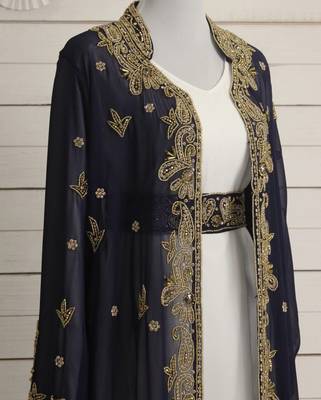 Navy-Blue & White Kaftan Handcrafted Georgette Work Party Wear Fully Stitched Dresses 3