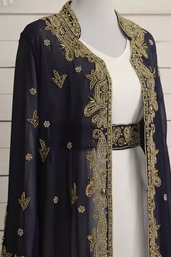 Navy-Blue & White Kaftan Handcrafted Georgette Work Party Wear Fully Stitched Dresses