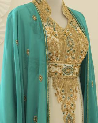 Sea Green & White Kaftan Handcrafted Georgette Elegance Work Party Wear Fully Stitched Dresses 2