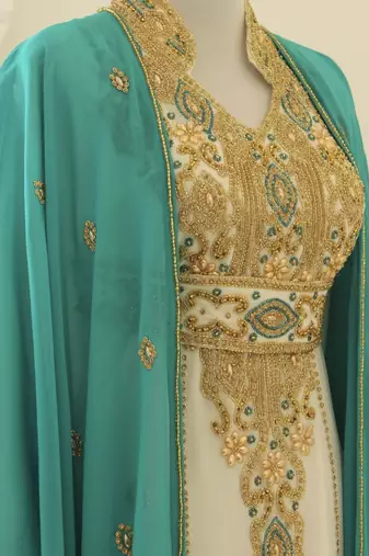 Sea Green & White Kaftan Handcrafted Georgette Elegance Work Party Wear Fully Stitched Dresses