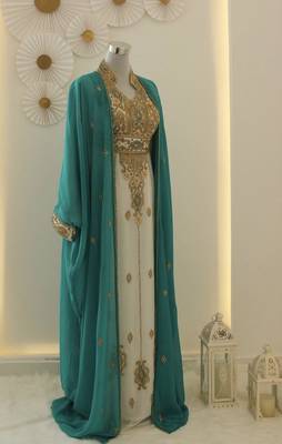 Sea Green & White Kaftan Handcrafted Georgette Elegance Work Party Wear Fully Stitched Dresses 3