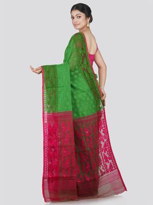 Pinkloom Women'S Green Hand_Woven Cotton Jamdani Saree Without Blouse 3