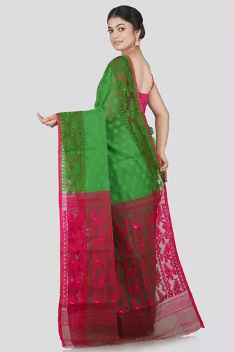 Pinkloom Women'S Green Hand_Woven Cotton Jamdani Saree Without Blouse