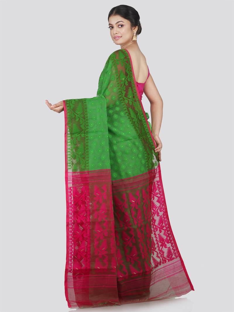 Pinkloom Women'S Green Hand_Woven Cotton Jamdani Saree Without Blouse