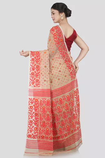 Pinkloom Women'S Beige Hand_Woven Cotton Jamdani Saree Without Blouse